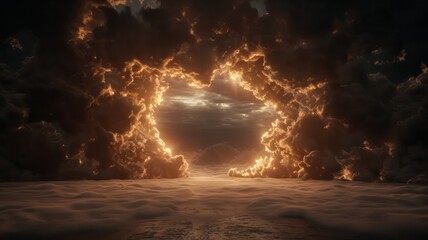 Fototapeta premium A large cloud of smoke is seen in the sky, with a small hole in the middle. The sky is filled with clouds, and the sun is shining through the hole, creating a warm and inviting atmosphere