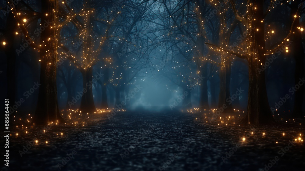 Poster A forest with trees lit up with lights. Scene is mysterious and enchanting