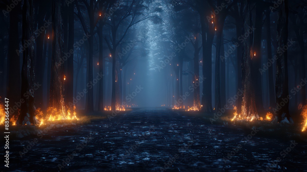Aufkleber A forest with a path through it with many trees on either side. The trees are lit up with fire, creating a spooky and eerie atmosphere