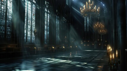 Obraz premium A dark room with a chandelier and stained glass windows. The room is lit by sunlight, creating a warm and inviting atmosphere