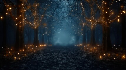 Obraz premium A forest with trees lit up with lights. Scene is mysterious and enchanting