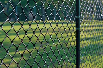 Fototapeta premium Abstract Perspective of Fence with Metal Grid. Symbolic Boundary in Background