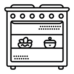 Doodle of stove, oven with food being prepared. Vector monochrome illustration, editable stroke