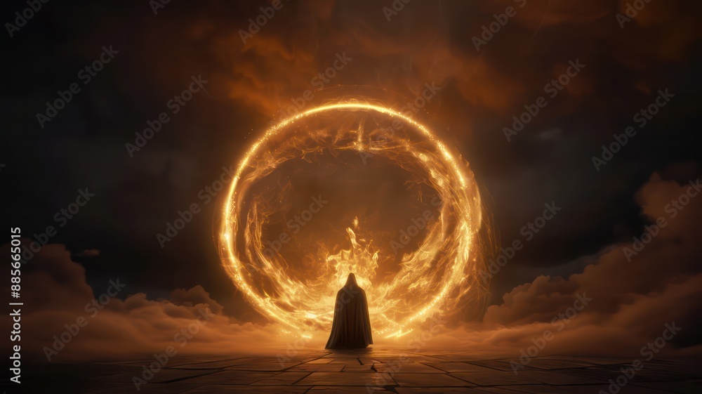 Poster A man stands in front of a large orange circle. The circle is surrounded by fire and smoke. The man is looking into the circle, as if he is trying to understand what is inside