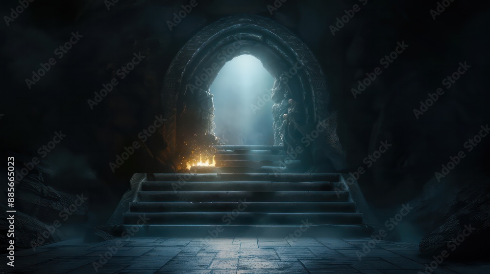 Poster a dark cave with a small opening that is lit by a fire. the cave is empty and the fire is the only s