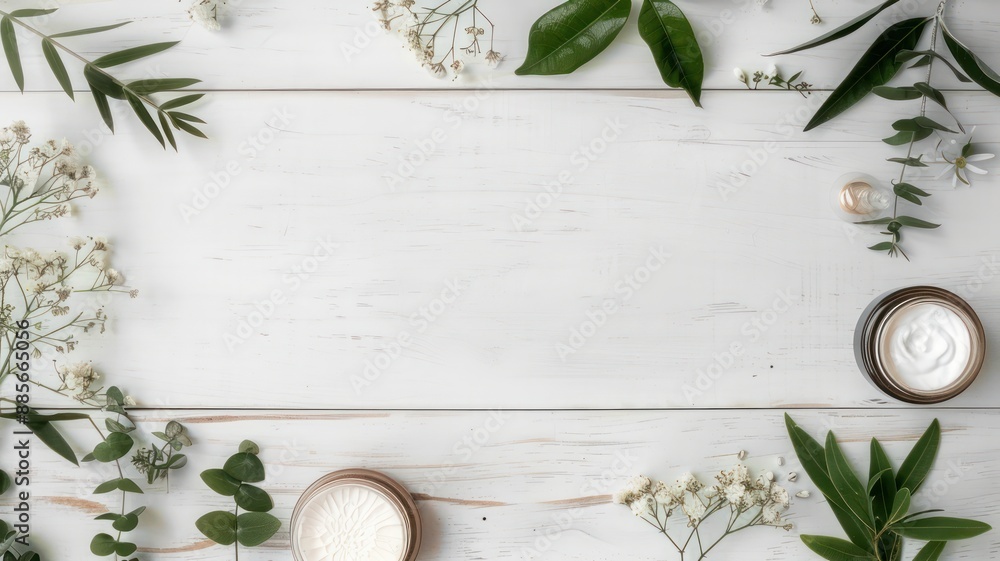 Poster A white background with a frame of leaves and flowers. In the center of the frame are two small containers of cream
