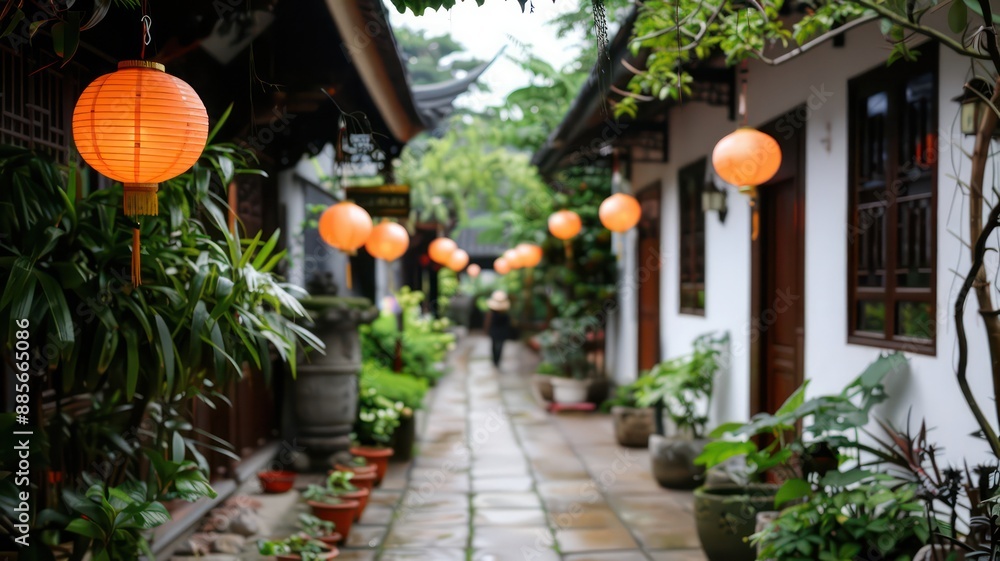 Poster a walkway with lanterns hanging from the ceiling and plants on the sides