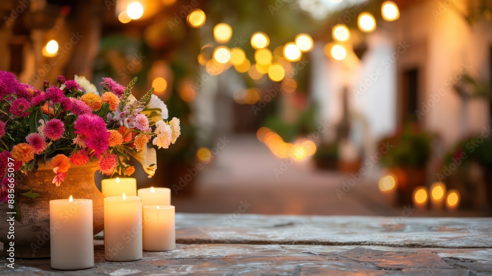Poster a table with candles and flowers on it. the scene has a warm and inviting atmosphere