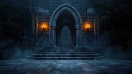 Obraz premium A dark, eerie castle entrance with a large archway. The entrance is lit by two candles, creating a spooky atmosphere
