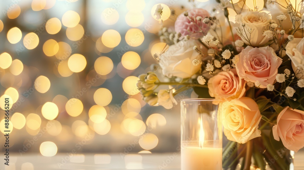 Poster a vase of flowers sits on a table next to a candle. the candle is lit, creating a warm and inviting 