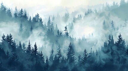 Forest Misty Morning. Vector Illustration Wallpaper Background
