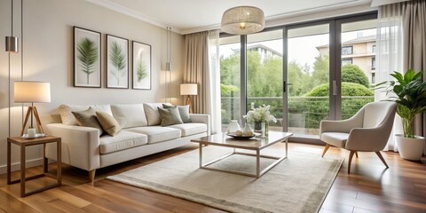 Modern Living Room with White Sofa and Green View, Interior Design, Living Room Decor, Cozy Living, Home Design