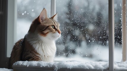 International Cat Day "A cat sitting by a snowy window, watching the snowfall outside"