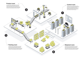 Automated industry 3d isometric concept in outline design for web. People working in isometry rooms with in assembly lines with robots, packing products, control and shipment. Vector illustration.