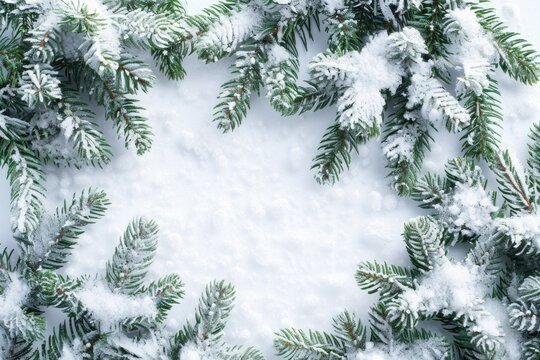 Fake Snow. Christmas White Background with Fir Trees for Winter Holidays