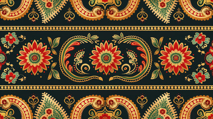 A black and gold floral patterned carpet with red flowers