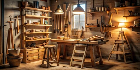 Rustic Wooden Workshop Interior with Tools and Shelving,  Wide Shot,  Warm Lighting,  Craftsman,  Workshop,  Interior Design,  Rustic