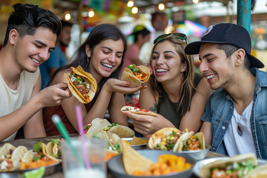 A group of people are eating food, including tacos, at a table