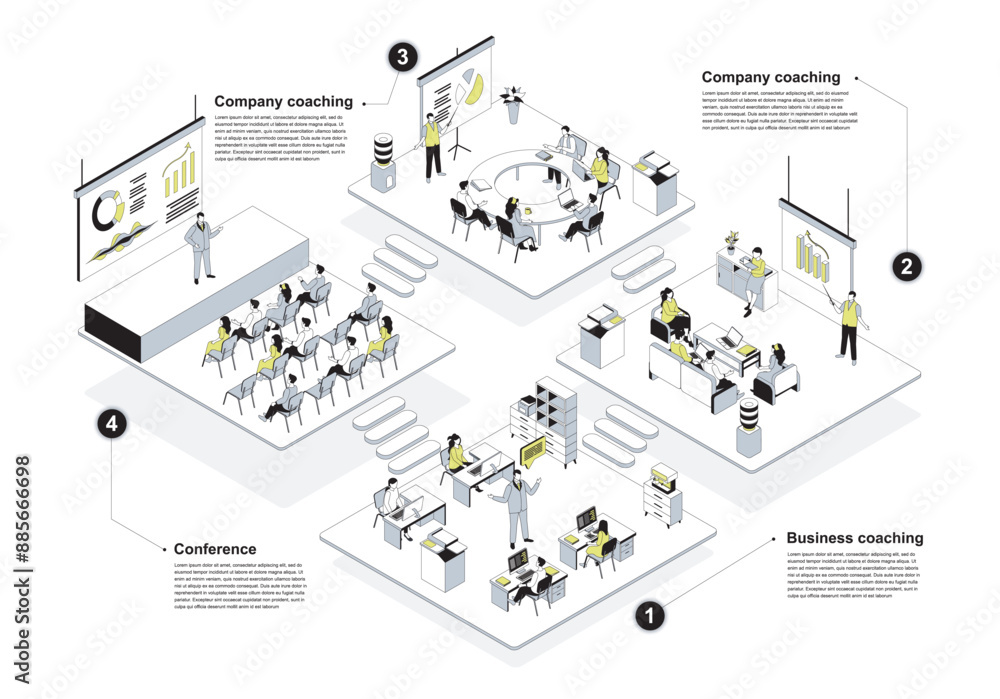 Aufkleber business training 3d isometric concept in outline design for web. people learning in isometry rooms 