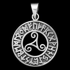 Silver pendant. Valknut, Helmet of horror. Runic compass, futhark, runes, Odin. Viking style. Nordic tradition. Amulet. Valknut. Drakkar. Asatru Valhalla and Asgard.
