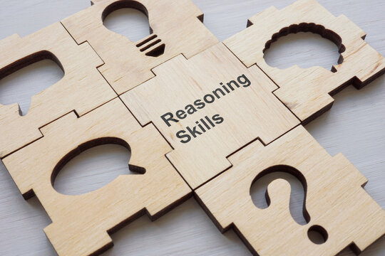 Puzzle pieces and one with words Reasoning skills.