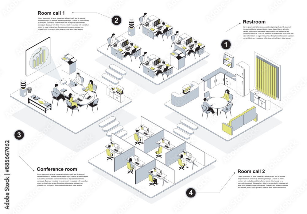 Aufkleber Call center 3d isometric concept in outline design for web. People working in isometry rooms as technical support operators in office with work areas and rest rooms interiors. Vector illustration.