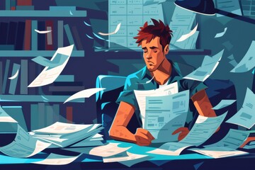 Man paying bills at the end of the month, surrounded by paperwork and stress.