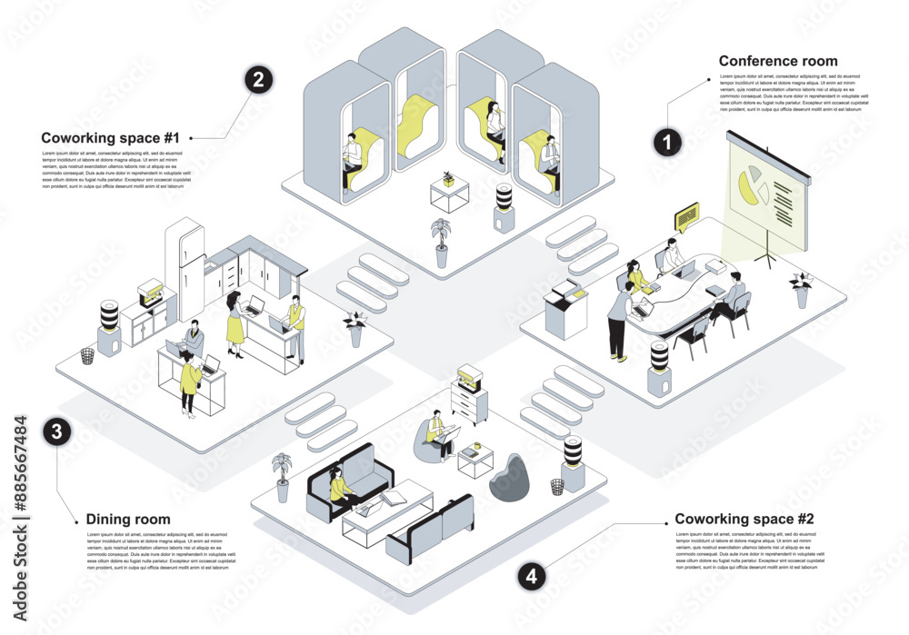 Leinwandbilder coworking space 3d isometric concept in outline design for web. people working in isometry rooms off