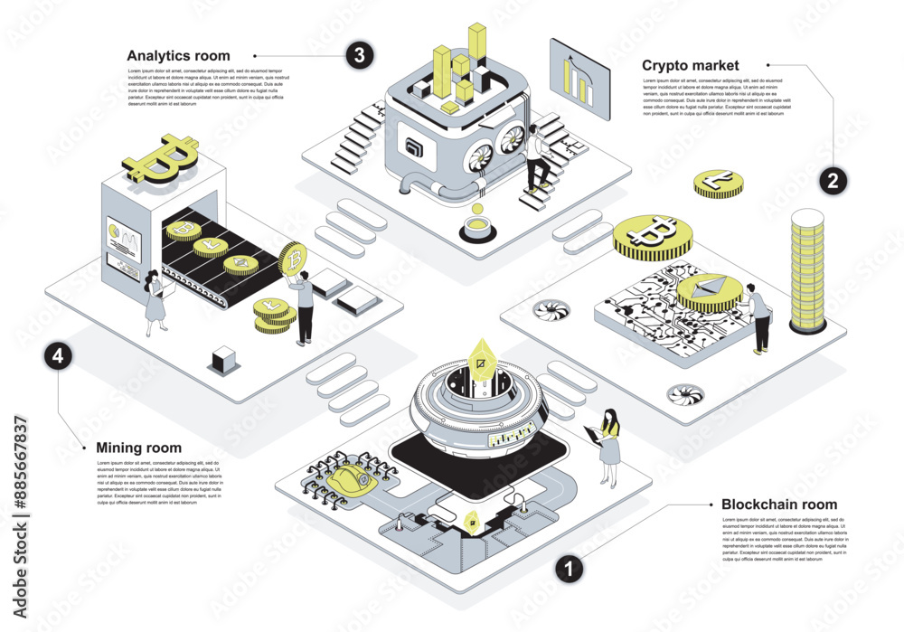 Poster Cryptocurrency market 3d isometric concept in outline design for web. People working in isometry rooms in abstract crypto farms with blockchain technology at bitcoin platform. Vector illustration.