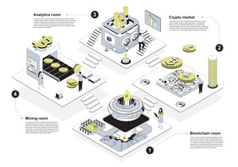 Cryptocurrency market 3d isometric concept in outline design for web. People working in isometry rooms in abstract crypto farms with blockchain technology at bitcoin platform. Vector illustration.