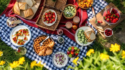 Rustic Outdoor Picnic Spread with Variety of Fresh Foods and Snacks on Blanket in Lush Grassy Field