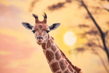 Young giraffe against sunset. Photography taken in France