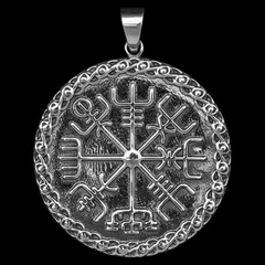 Silver pendant. Helmet of horror. Runic compass, futhark, runes, ravens and wolves of Odin. Viking style. Nordic tradition. Amulet. Valknut. Drakkar. Asatru Valhalla and Asgard.