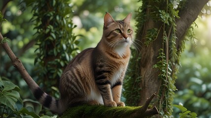 International Cat Day "A cat with a majestic pose on a tree branch, surrounded by lush greenery"

