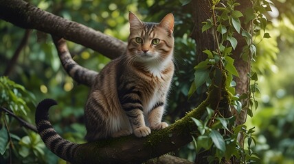 International Cat Day "A cat with a majestic pose on a tree branch, surrounded by lush greenery"

