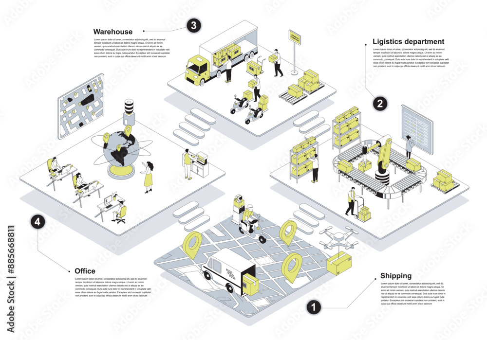Poster Delivery company 3d isometric concept in outline design for web. People working in isometry rooms in office, shipping and logistics departments, loading parcels in warehouse. Vector illustration.