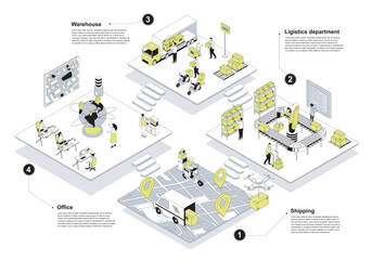 Delivery company 3d isometric concept in outline design for web. People working in isometry rooms in office, shipping and logistics departments, loading parcels in warehouse. Vector illustration.