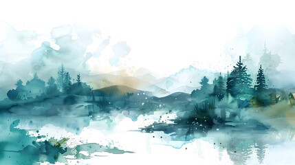 Serene Watercolor Landscape with Misty Mountains and Flowing River on White Background