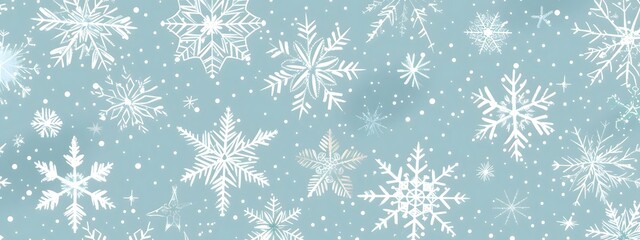 A seamless pattern of delicate snowflakes and stars, arranged in an intricate design on a light blue background, evoking the beauty of winter and Christmas