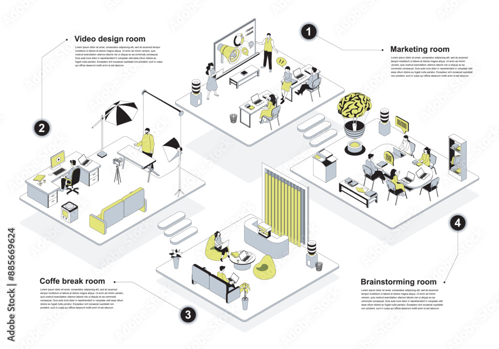 Aufkleber Designer studio 3d isometric concept in outline design for web. People working at marketing, video creating and brainstorming isometry rooms, relaxing at coffee break space. Vector illustration.