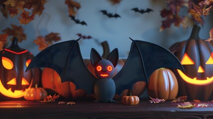 Spooky Bat Halloween Decor with Pumpkins and Bats in Haunting Night Scenery