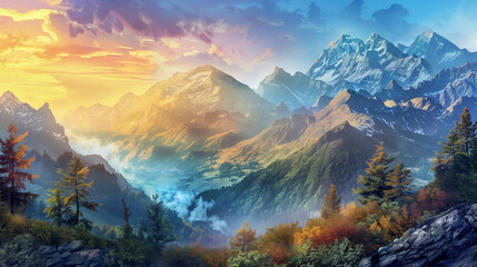 Artistic postcard design featuring a mountain landscape