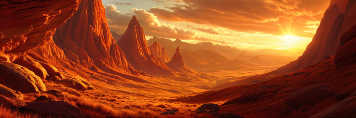 Naklejka premium Breathtaking landscape of a desert-like area with towering red rock formations under a dramatic sky, possibly at sunrise or sunset.