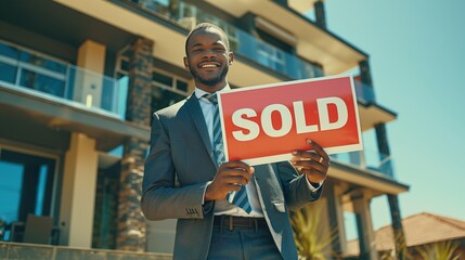 real estate agent man wearing formal suit holding sold sign in front of a house