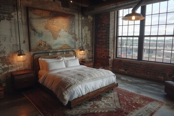 Hotel Room With Industrial Loft: Exposed brick walls, metal fixtures, and open space with large windows. 