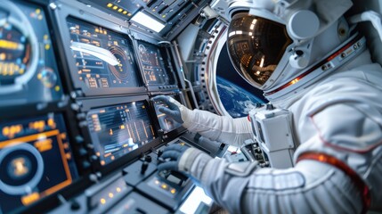 Inside a spacecraft, an astronaut working on control panels with a view of the Earth through the window