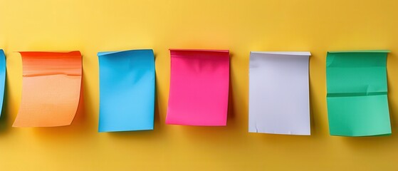 Fototapeta premium A colorful row of sticky notes arranged neatly on a vibrant yellow background, showcasing organization and productivity.