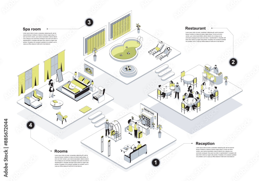 Aufkleber Hotel 3d isometric concept in outline design for web. People in isometry rooms registerating at reception, tourists check into apartment, dining in restaurant, relax in spa area. Vector illustration.