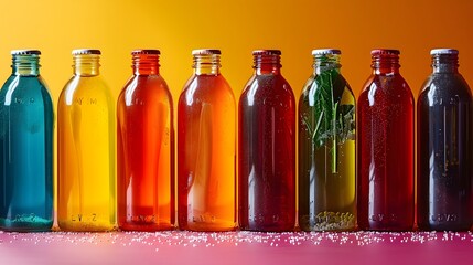 Vibrant Bottles of Vegetable Extract Liquids in Assorted Colors on Plain Background