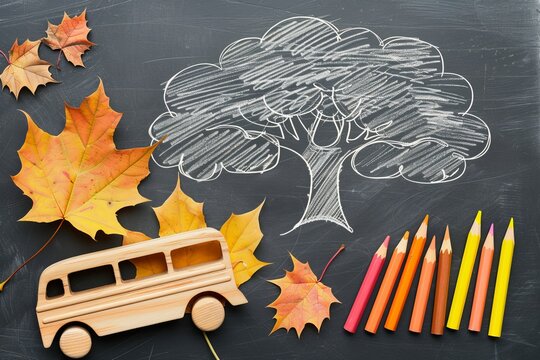 Back to School Concept: Chalkboard Art with Tree, Pencils, Bus, and Autumn Leaves - Design for Posters and Cards